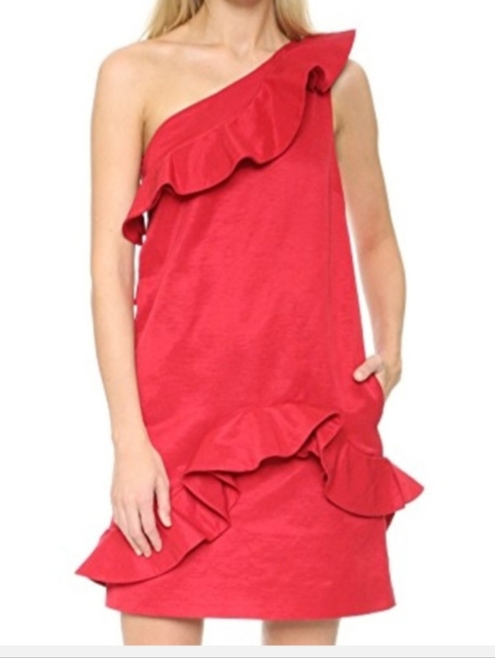 MSGM One-Shoulder Ruffle Mini Dress in Vibrant Red Size M
